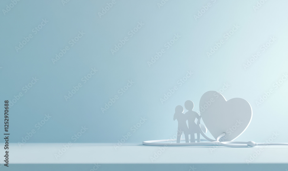 The white paper on the table is cut into family figures and hearts The white paper on the table is cut into family figures and hearts