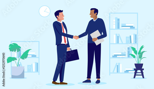 Business deal handshake - Two diverse businesspeople men, negotiating, shaking hands and being friendly over agreement and cooperation indoors in office. Flat design stock illustration