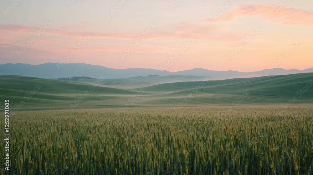 Serene Green Landscape with Gentle Hills and Soft Sunset Light Serene Green Landscape with Gentle Hills and Soft Sunset Light