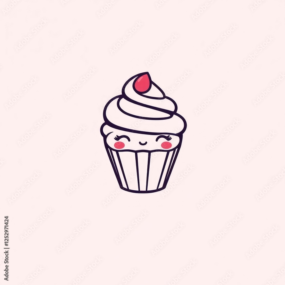 Cute cartoon cupcake with a smiling face and cherry on top, set against a soft pastel background Cute cartoon cupcake with a smiling face and cherry on top, set against a soft pastel background