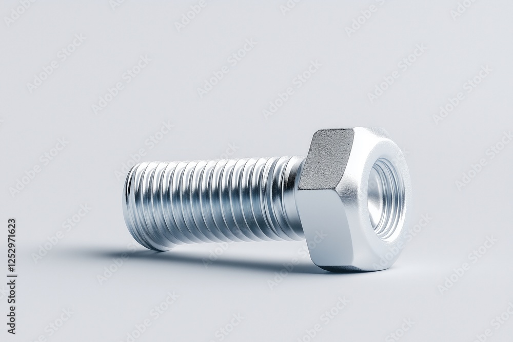 Silver bolt and nut placed on a plain light background. Concept of engineering, industrial hardware, and precision components Silver bolt and nut placed on a plain light background. Concept of engineering, industrial hardware, and precision components