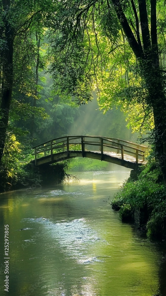 Serene Green Forest Landscape with Wooden Bridge over River Serene Green Forest Landscape with Wooden Bridge over River