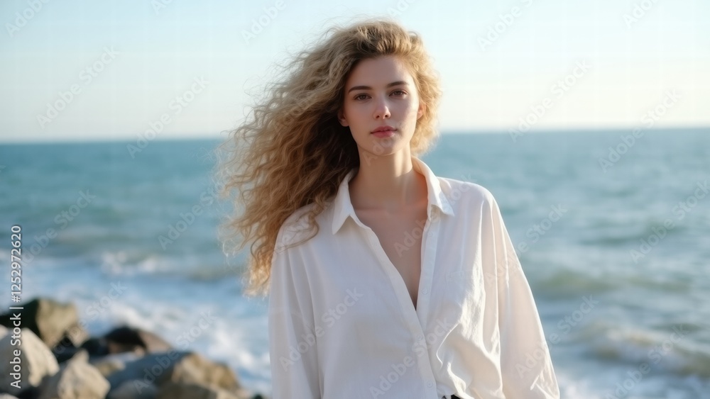Woman in a white shirt by the sea enjoying a serene moment amid gentle waves and a clear sky Woman in a white shirt by the sea enjoying a serene moment amid gentle waves and a clear sky