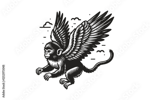 Flying monkey with wings in vintage surreal vector engraving style
