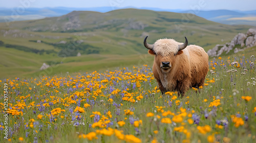 Majestic yak in mountain meadow wildflowers photo