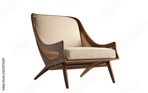 A designer lounge chair in a warm beige fabric with a wooden frame on a empty plain background