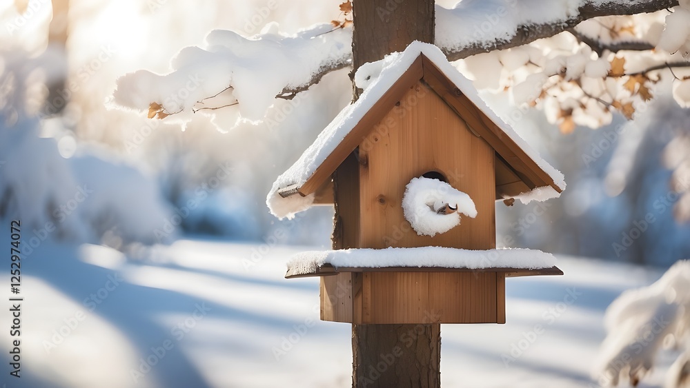 Naklejka premium Snow covered birdhouse on sunny winter day. Bird feeder hanging from a tree. Wooden bird house with small bird sitting in it during winter.