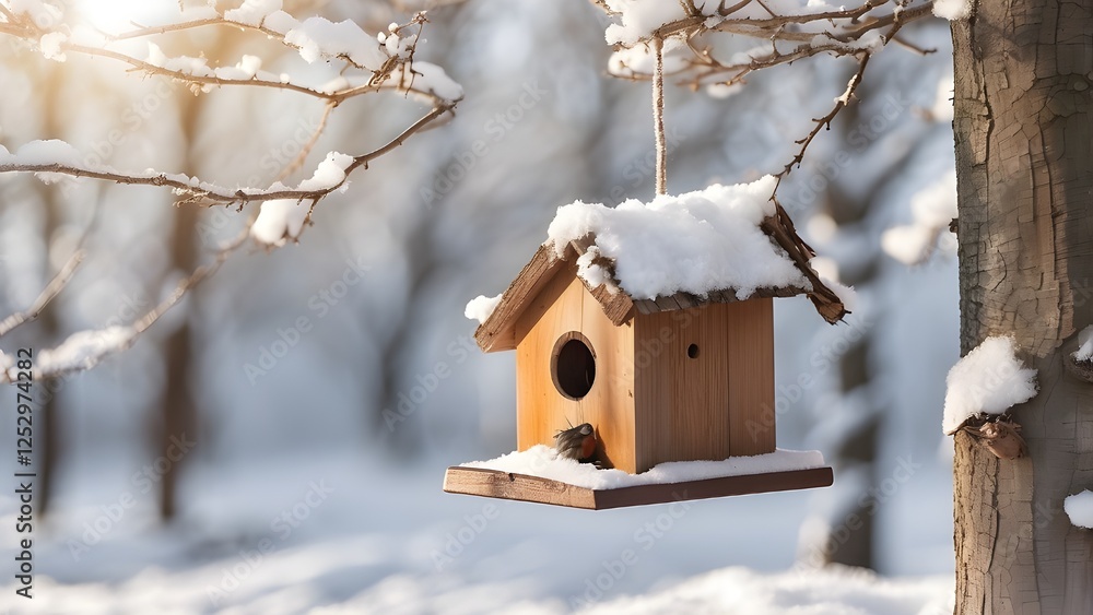 Snow covered birdhouse on sunny winter day. Bird feeder hanging from a tree. Wooden bird house with small bird sitting in it during winter.
Snow covered birdhouse on sunny winter day. Bird feeder hanging from a tree. Wooden bird house with small bird sitting in it during winter.