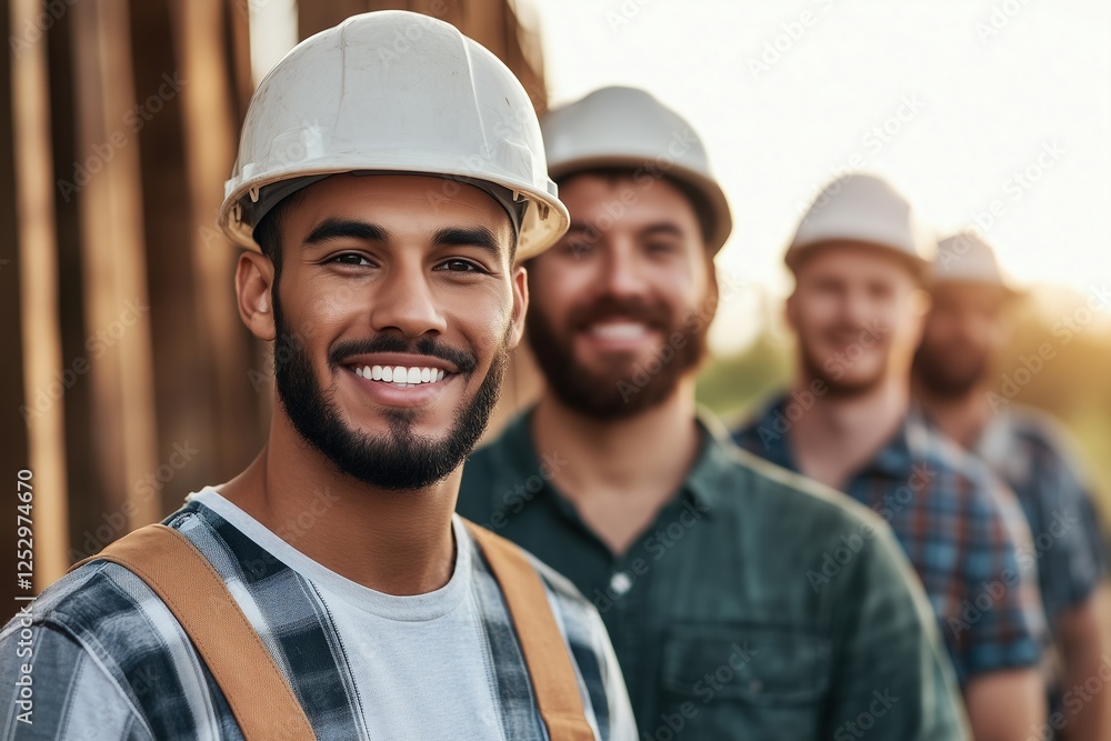 Group of diverse male construction workers smiling and standing together outdoors in warm light. Unity and collaboration in the construction industry. Group of diverse male construction workers smiling and standing together outdoors in warm light. Unity and collaboration in the construction industry.