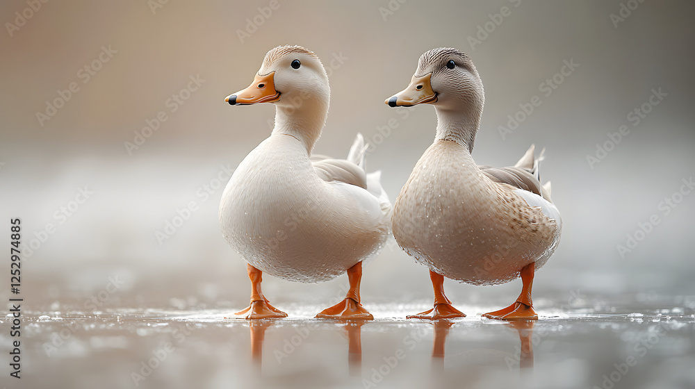 Two adorable ducks stand side by side on a reflective surface, showcasing their fluffy white feathers and charming expressions Two adorable ducks stand side by side on a reflective surface, showcasing their fluffy white feathers and charming expressions