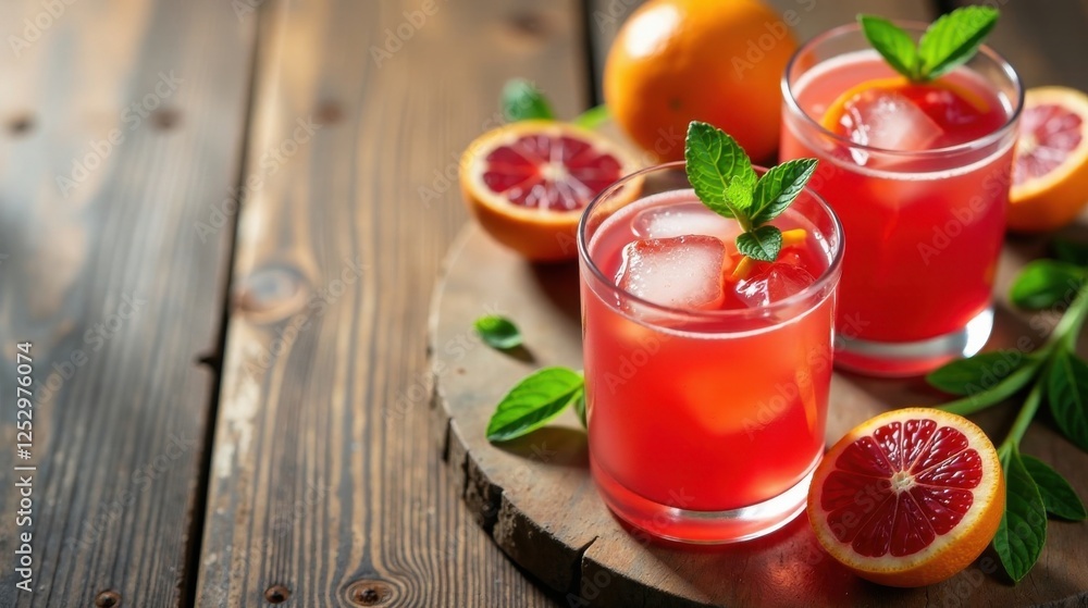 Refreshing Citrus Beverage with Ice Cubes and Mint Garnish on Wooden Surface Refreshing Citrus Beverage with Ice Cubes and Mint Garnish on Wooden Surface