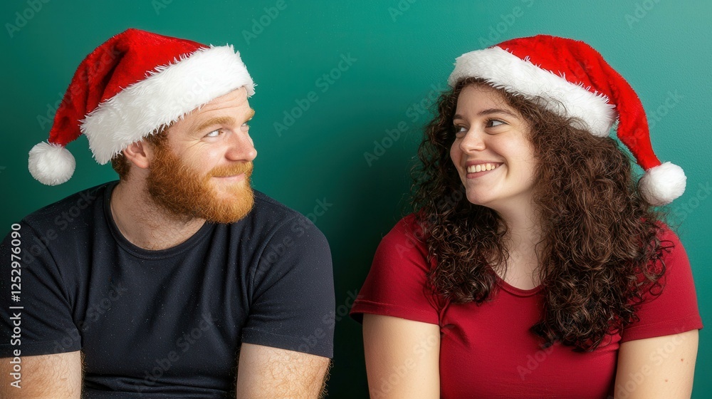 Couple enjoying Christmas spirit in festive hats. Couple enjoying Christmas spirit in festive hats.