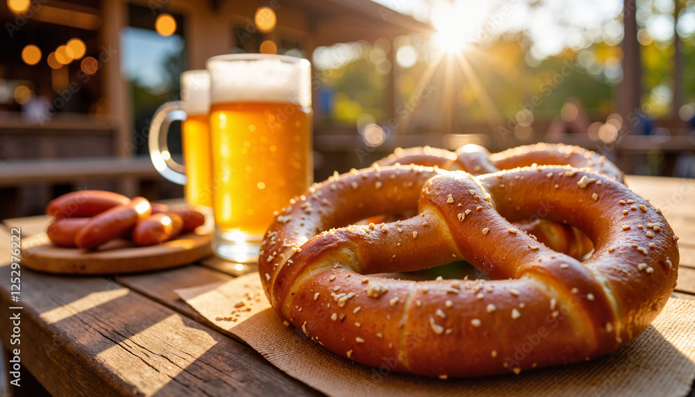 Festive Oktoberfest celebration with large pretzel and beer, cozy atmosphere Festive Oktoberfest celebration with large pretzel and beer, cozy atmosphere