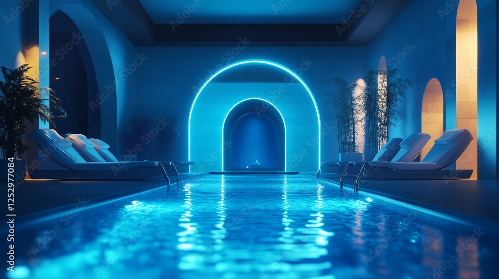 A luxurious indoor pool area with ambient blue lighting, elegant lounge chairs, and lush greenery, creating a serene and stylish retreat for relaxation and wellness A luxurious indoor pool area with ambient blue lighting, elegant lounge chairs, and lush greenery, creating a serene and stylish retreat for relaxation and wellness