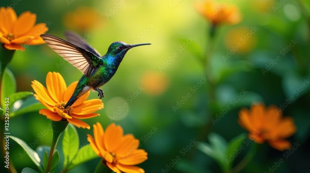 Naklejka premium A Vibrant Hummingbird in Flight, Gracefully Hovering Near Bright Orange Blossoms in a Lush Garden, Capturing the Essence of Nature's Beauty