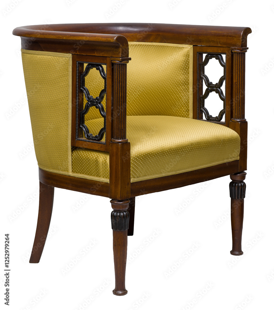 Elegant, classic armchair with a barrel back, isolated on a white background.