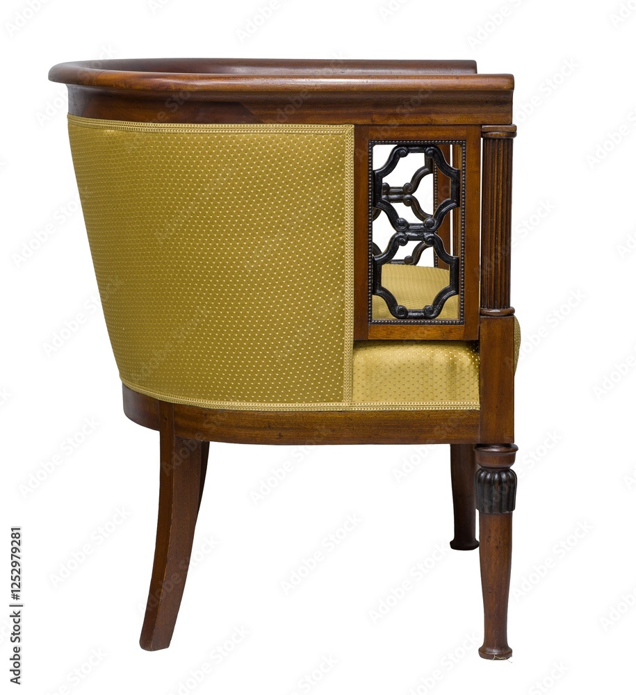Elegant, classic armchair with a barrel back, isolated on a white background.