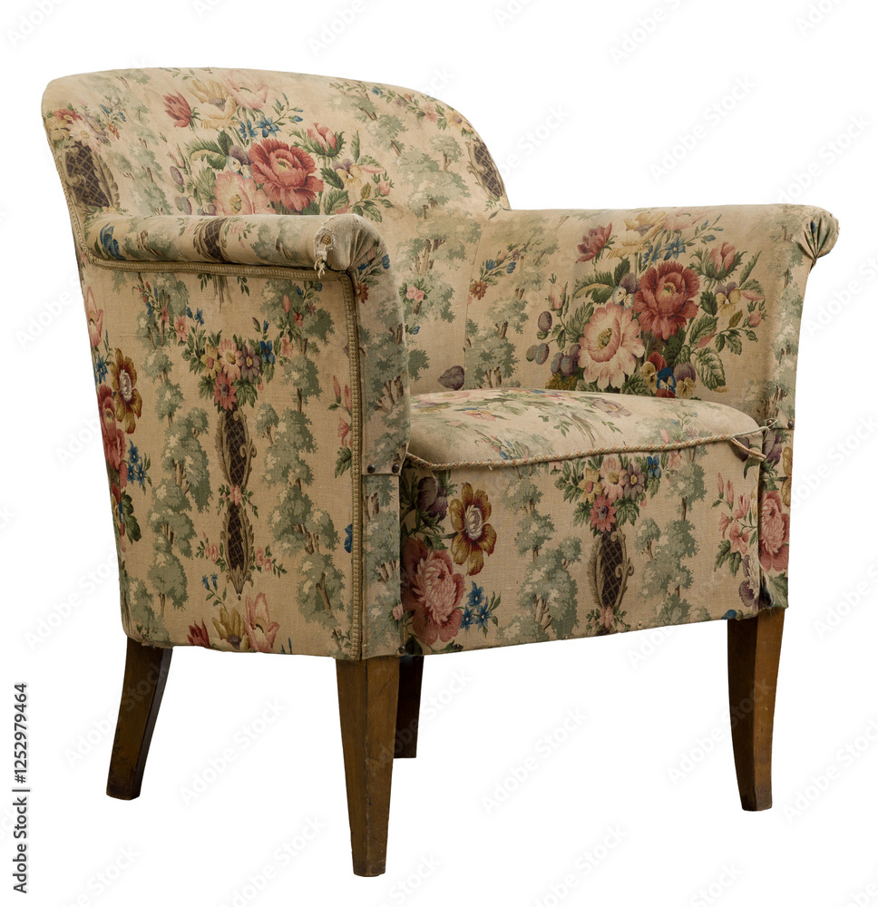 Classic, upholstered club chair with a floral pattern, isolated on a light gray background.