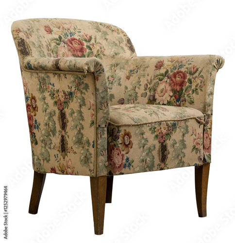Obraz na płótnie Classic, upholstered club chair with a floral pattern, isolated on a light gray background. w salonie