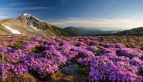 Mountain phlox or Moss phlox blooming in alpine scree garden photo