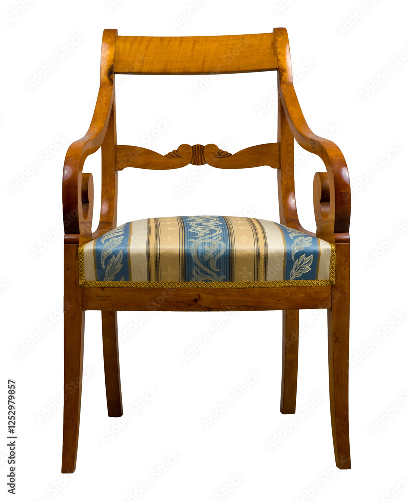 Biedermeier style armchair isolated on a white background. Light-colored wood with scrolled armrests and a striped upholstered seat. Elegant 19th-century design.
