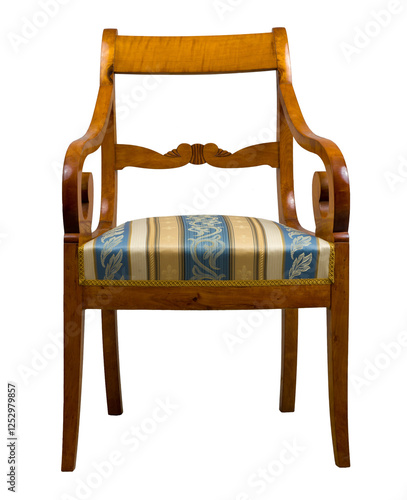 Obraz na płótnie Biedermeier style armchair isolated on a white background. Light-colored wood with scrolled armrests and a striped upholstered seat. Elegant 19th-century design. w salonie
