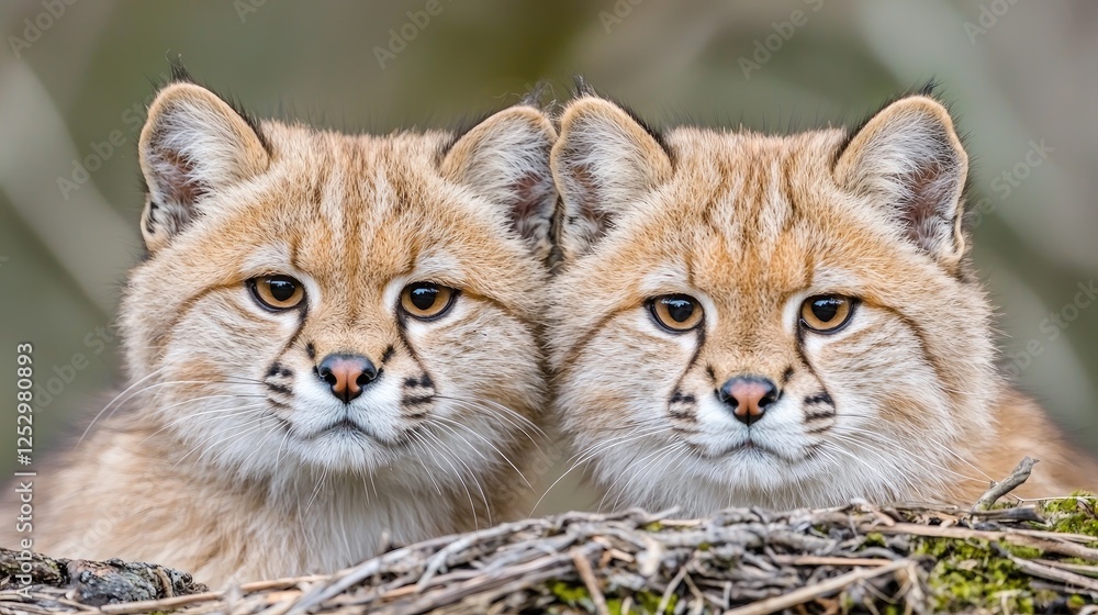 Two Pallas's cat kittens, close-up, nature background, wildlife photography, for nature documentaries Two Pallas's cat kittens, close-up, nature background, wildlife photography, for nature documentaries