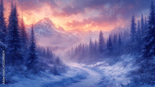 Wallpaper Mural Serene Winter Landscape, A Pathway Through Snow-Covered Pines at Sunset Torontodigital.ca