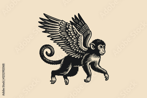 Flying monkey with wings in vintage surreal vector engraving style