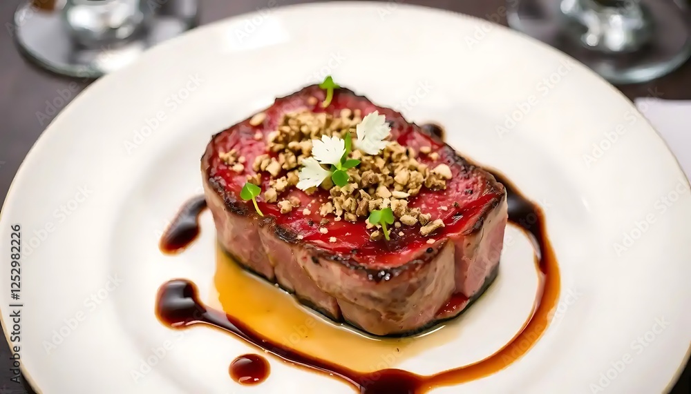 Gourmet Seared Beef Steak Dish with Garnish Gourmet Seared Beef Steak Dish with Garnish