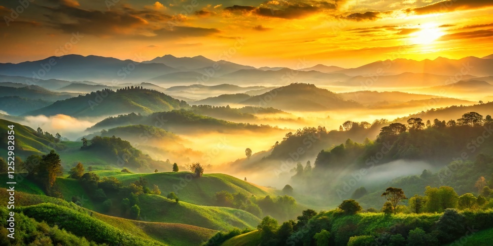 Obraz premium Ethereal Sunrise Over Misty Mountain Valley - Vintage Landscape Photography