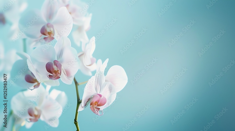 Fototapeta premium White and pink orchid flowers on a blue background. The flowers are in focus, while the background is blurred.