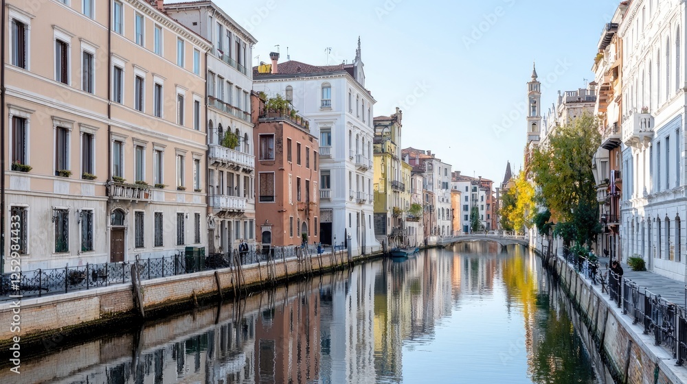 Calm Venetian canal, colorful buildings, clear sky, peaceful morning, travel imagery Calm Venetian canal, colorful buildings, clear sky, peaceful morning, travel imagery