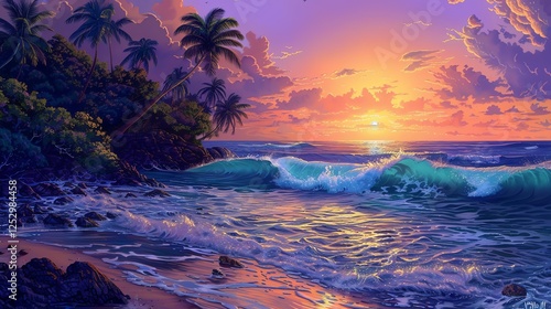Amazing sunset over the ocean with palm trees on the beach.