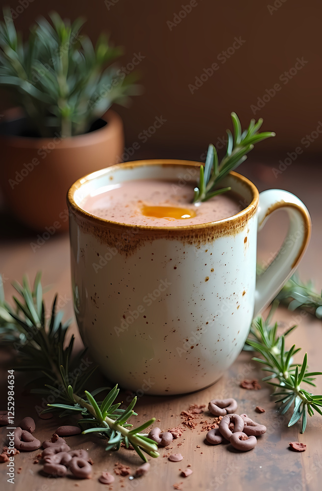 Rustic Cozy Mug of Hot Chocolate with Organic Rosemary and Cocoa: A Comforting Winter Morning Ritual Rustic Cozy Mug of Hot Chocolate with Organic Rosemary and Cocoa: A Comforting Winter Morning Ritual