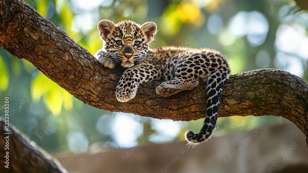 A young leopard cub lounges on a branch, showcasing its distinctive spotted fur against a vibrant, leafy backdrop. A young leopard cub lounges on a branch, showcasing its distinctive spotted fur against a vibrant, leafy backdrop.