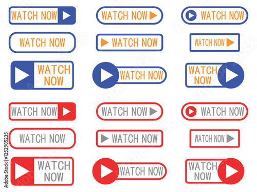 Collection of Watch now buttons. Set of modern buttons for website. Watch now buttons in flat style. Vector illustration isolatd on white background.