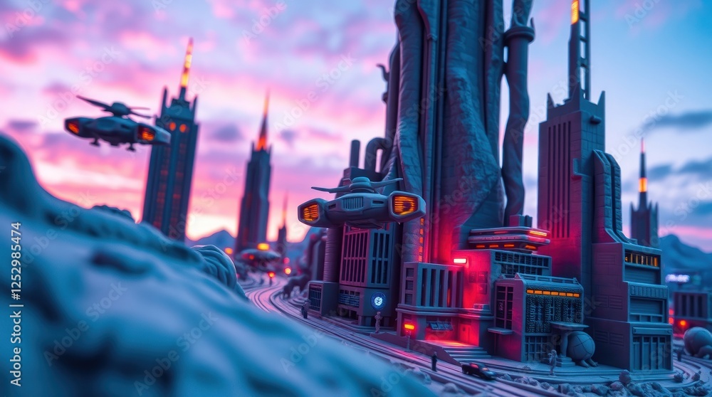 Fototapeta premium Futuristic cityscape at dusk with flying vehicles, towering skyscrapers, and colorful clouds