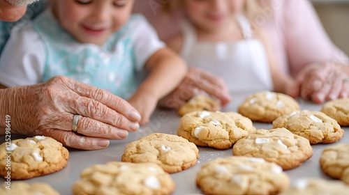 A joyful scene of children and an elder baking cookies together, celebrating family time with delicious homemade treats.