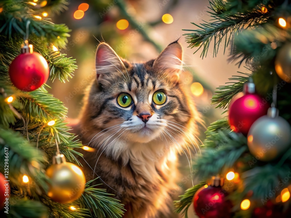 Festive Feline: Cat Perched on Decorated Christmas Tree Branches Festive Feline: Cat Perched on Decorated Christmas Tree Branches