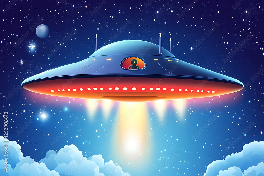 A colorful UFO hovers above fluffy clouds in a starry night sky, with an alien peering out the window A colorful UFO hovers above fluffy clouds in a starry night sky, with an alien peering out the window