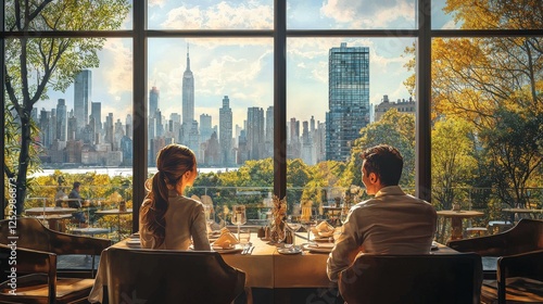 A couple enjoys a romantic dinner with a stunning view of the New York City skyline through large windows, surrounded by trees.