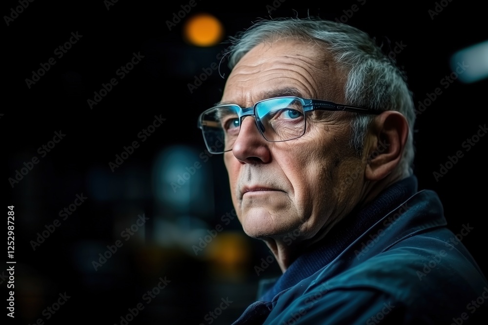 Portrait of an older man wearing glasses in a dark industrial setting. Reflects wisdom and experience in industrial environments. Portrait of an older man wearing glasses in a dark industrial setting. Reflects wisdom and experience in industrial environments.