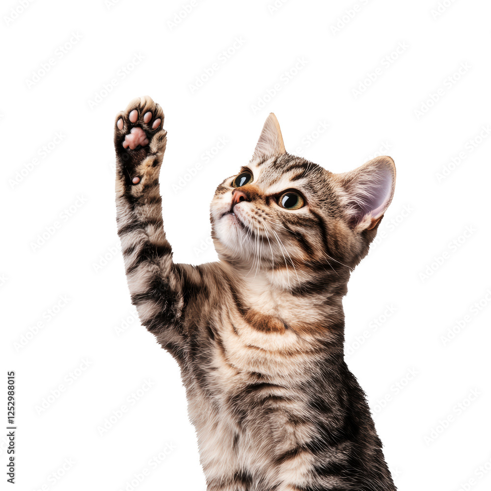 Fototapeta premium A cat is standing on a white background and is waving its paw