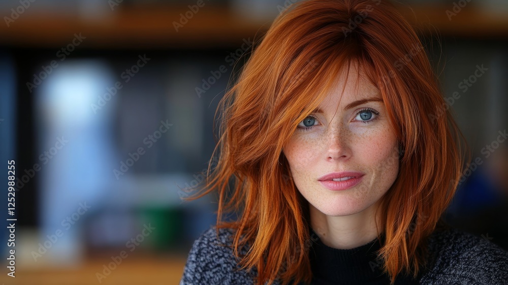 Woman with red hair and blue eyes is standing in front of a counter Woman with red hair and blue eyes is standing in front of a counter