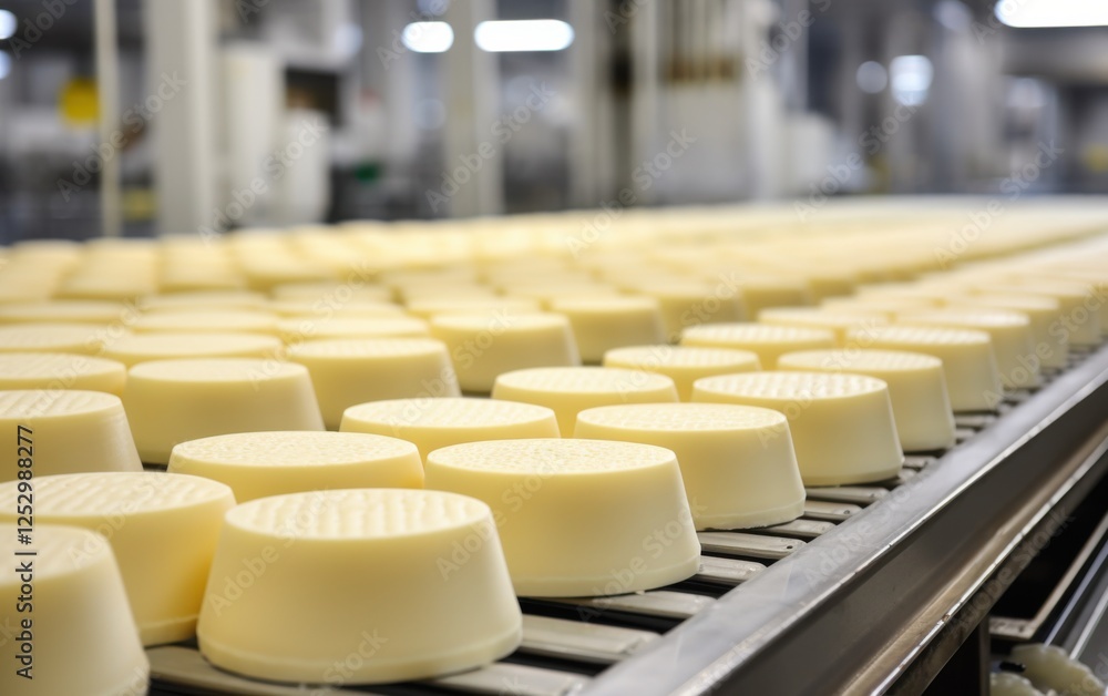 Production of creamy cheese on conveyor belt dairy factory food manufacturing industrial setting close-up view Production of creamy cheese on conveyor belt dairy factory food manufacturing industrial setting close-up view