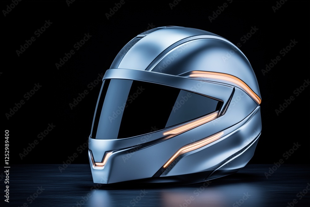 Sleek silver futuristic helmet with glowing orange accents on a black background. Represents technology, innovation, and modern design. Sleek silver futuristic helmet with glowing orange accents on a black background. Represents technology, innovation, and modern design.