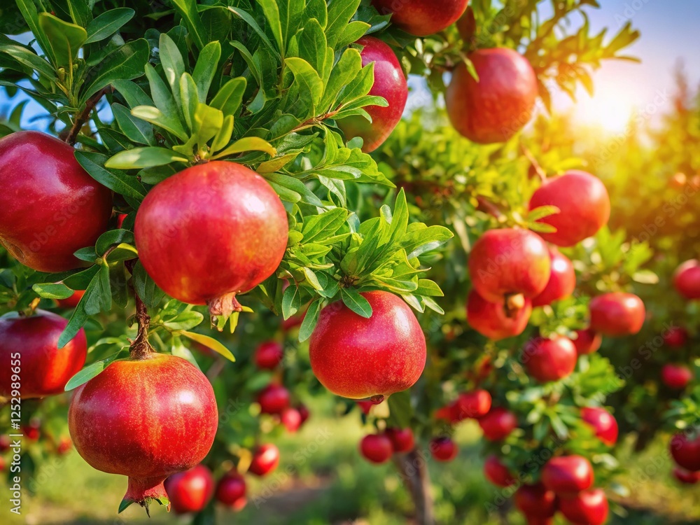Obraz premium AI-crafted pomegranate orchard portrait, vibrant hues.