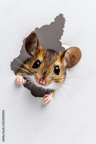 Close-up of a mouse peeking through a torn hole in the white wall, symbolizing curiosity, surprise, and playfulness, with a whimsical appearance. photo