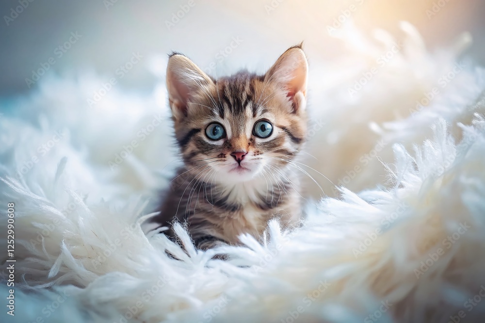 Obraz premium Fluffy Kitten Amidst Flying Feathers on White Bed - Adorable Macro Pet Photography